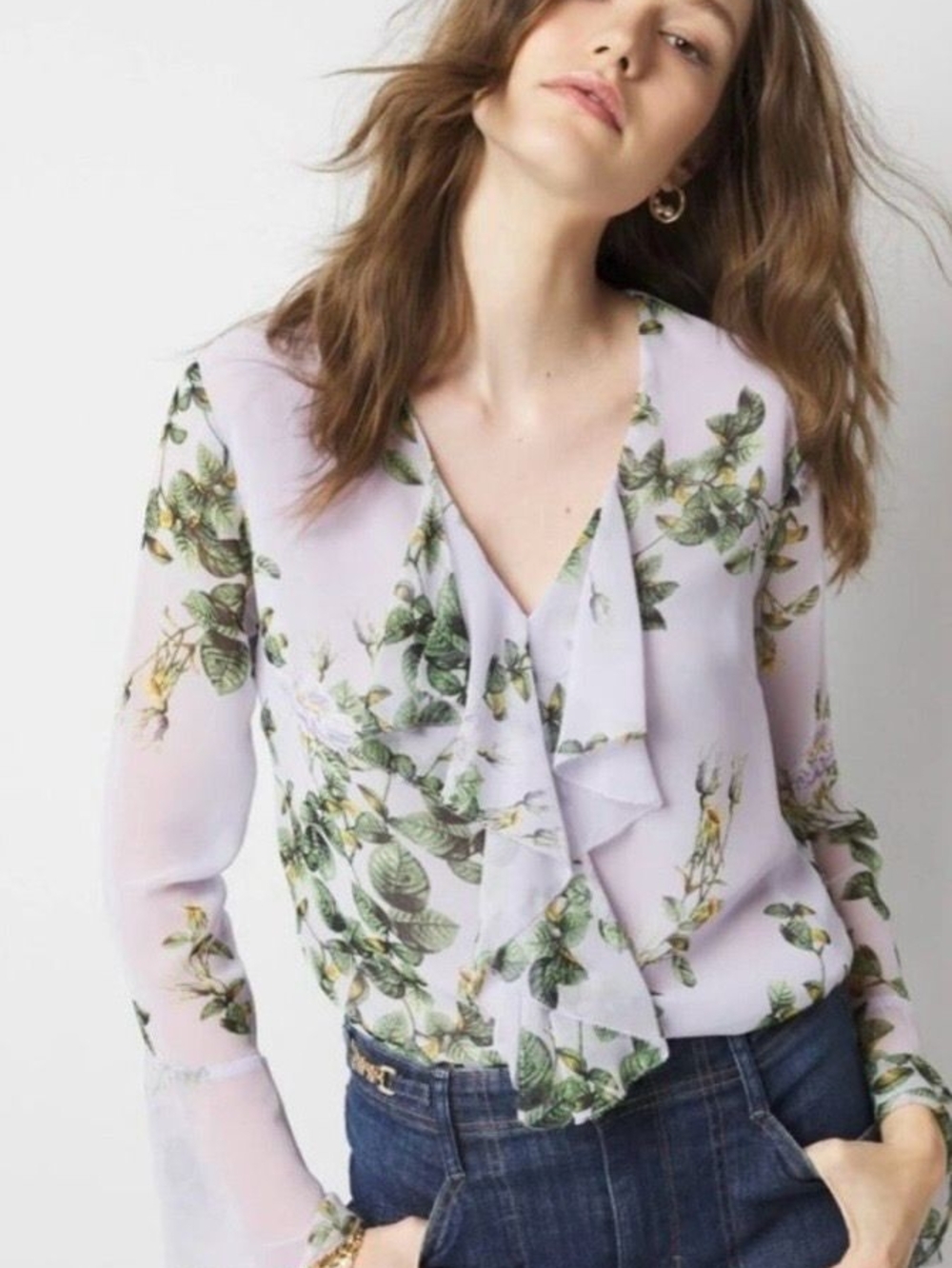 White House Black Market Green Black Floral Blouse